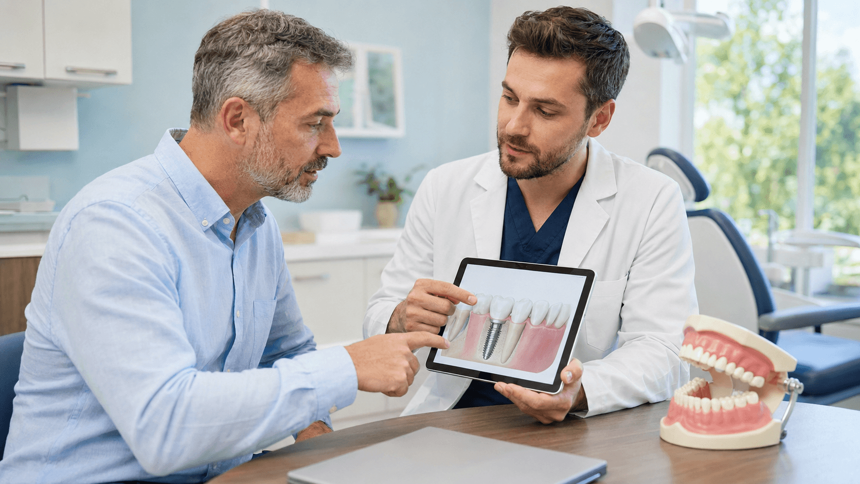 Dental Implant Consultation in Stoney Creek Dentist reviewing dental implant treatment planning with a patient in Stoney Creek