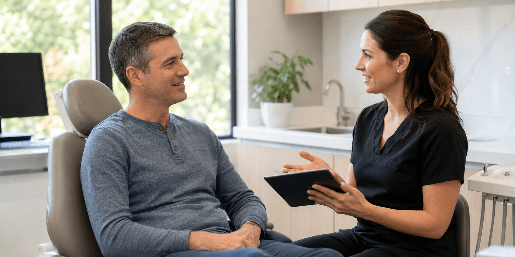 Dental professional discussing treatment and comfort options with a relaxed adult patient in a dental office.