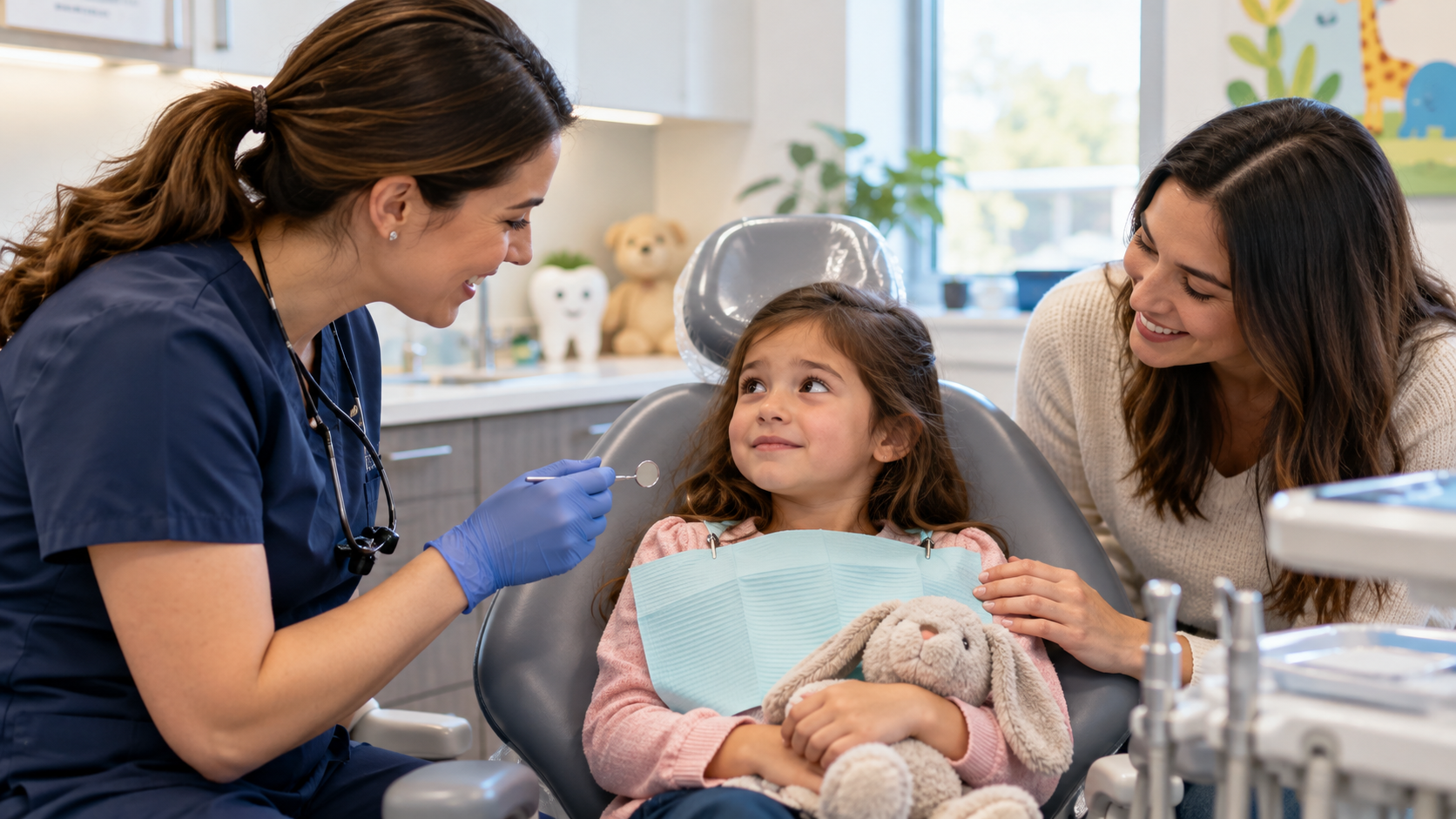 A child sits in a dental chair with a supportive parent nearby while a dentist helps make the visit feel calm and reassuring.